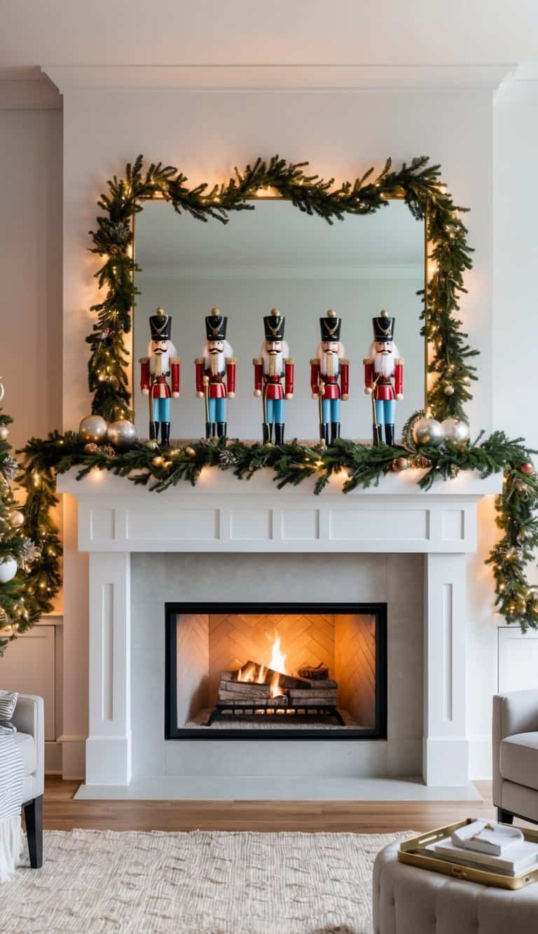 Nutcracker soldiers stand guard on a mantel adorned with festive garlands and twinkling lights, creating a cozy holiday fireplace scene
