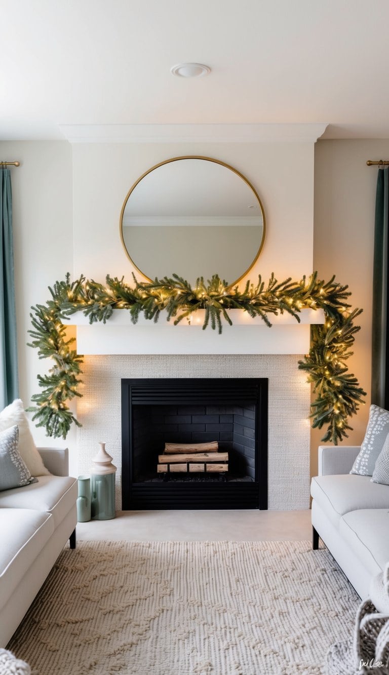 A festive fireplace mantel adorned with garlands, twinkling lights, and seasonal decor