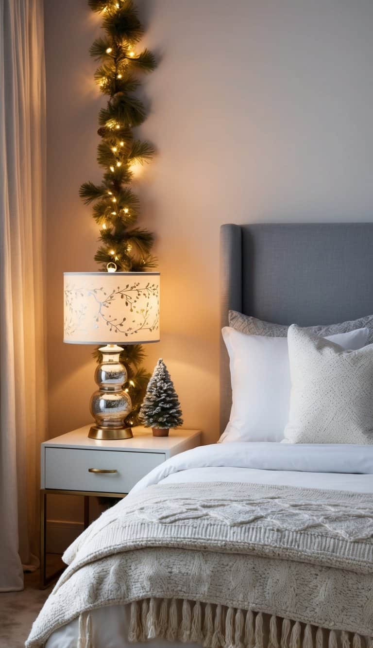 A festive table lamp illuminates a cozy bedroom adorned with twinkling lights and wintery bed decor