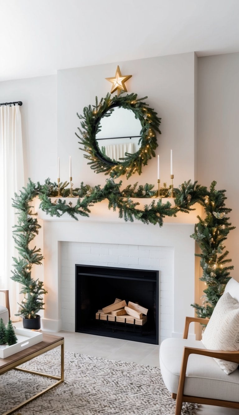 A fireplace adorned with garlands, lights, and a star-topped greenery