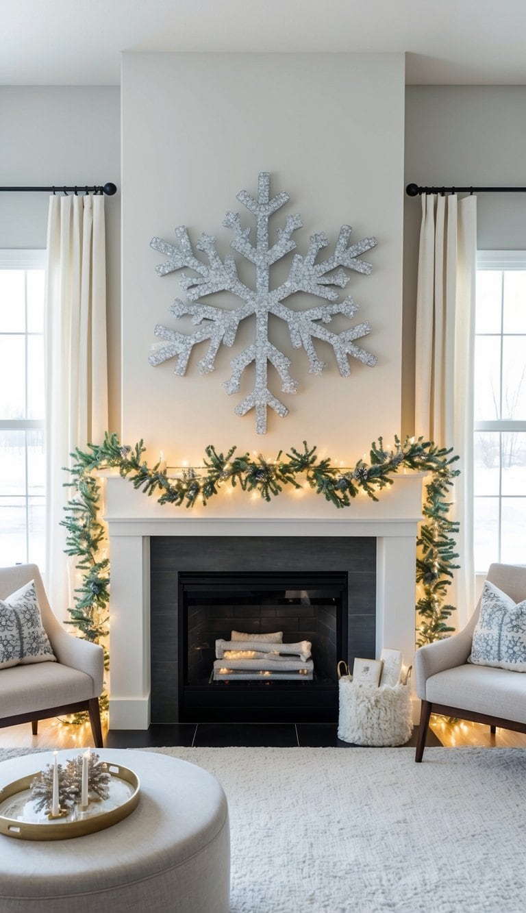 Glittery snowflakes adorn a festive fireplace mantel with garlands and twinkling lights