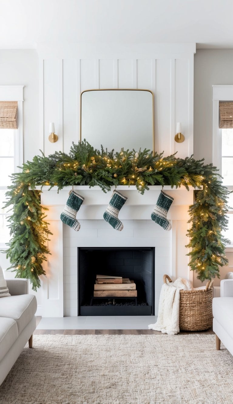 A fireplace mantel adorned with a lush evergreen garland, twinkling lights, and festive seasonal decorations