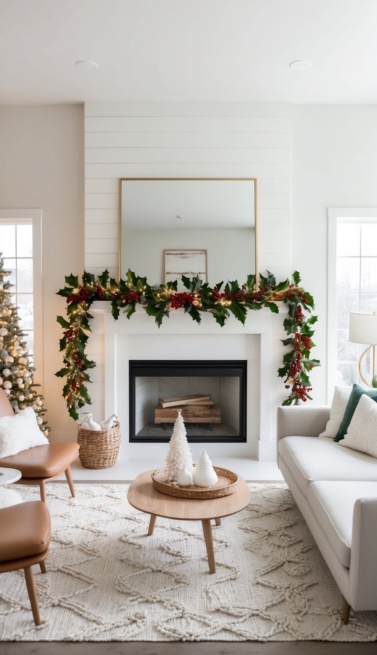 A festive fireplace mantel adorned with holly berry accents, garlands, and twinkling lights