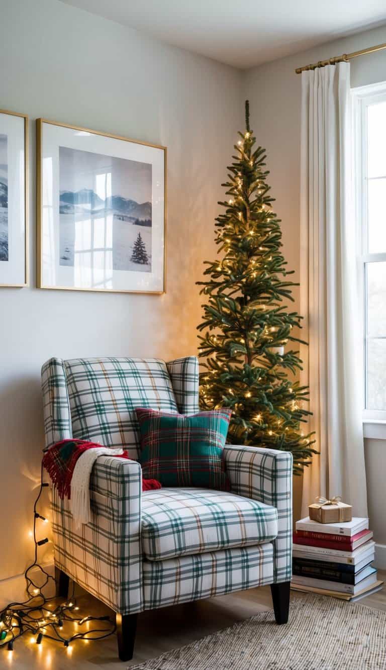 A plaid armchair with a festive cover sits in a cozy reading nook, surrounded by twinkling Christmas lights and a stack of holiday-themed books