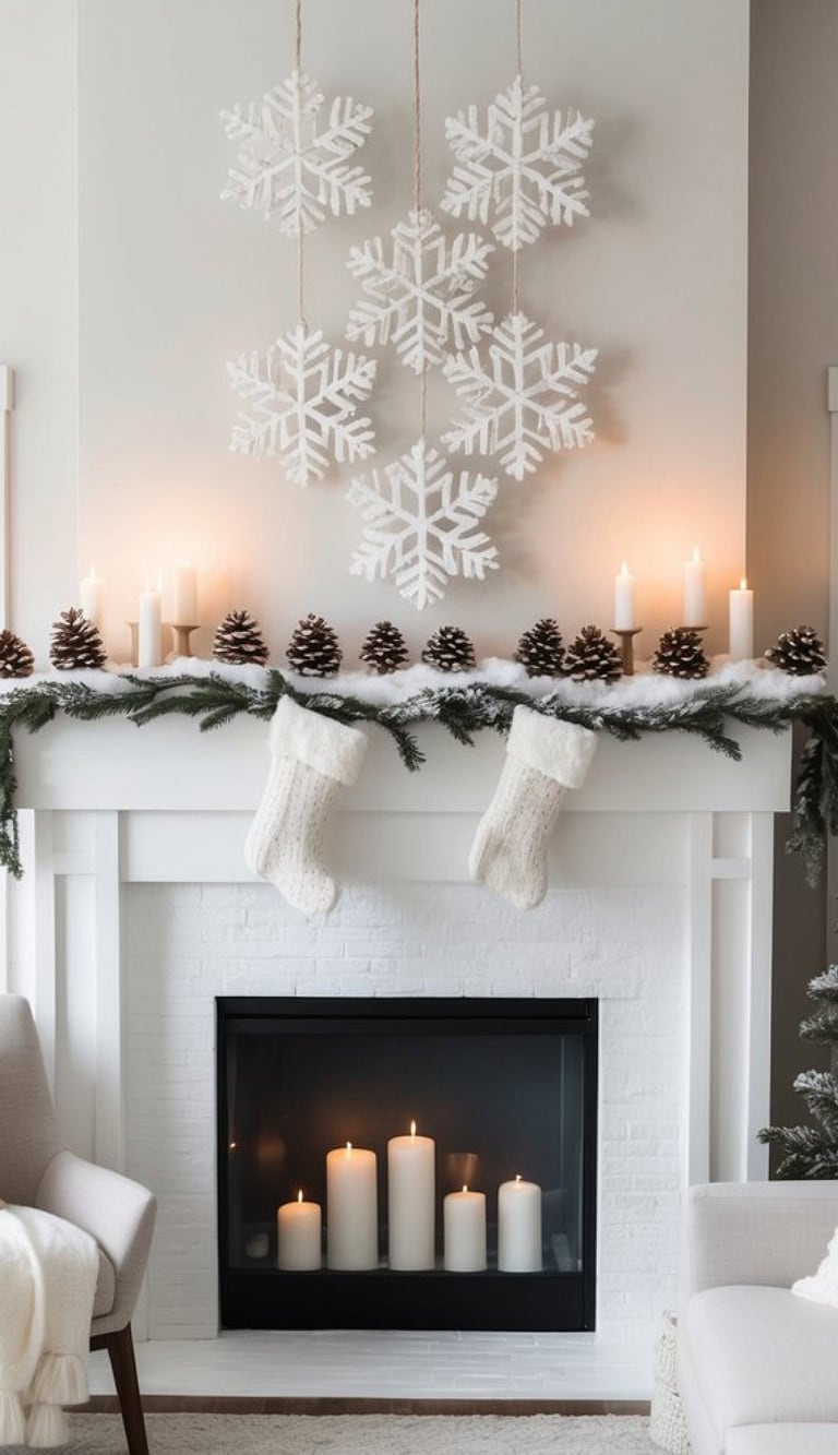 A cozy Christmas-themed fireplace adorned with large white snowflake decorations above, surrounded by lit candles and pine cones on the mantel, along with green garlands and two white stockings hanging below.