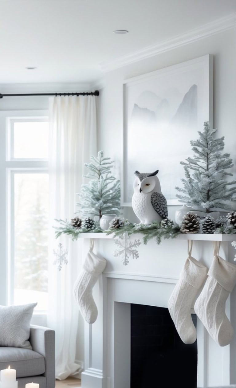 A cozy living room with a white mantel decorated for winter. On the mantel, there are small frosted pine trees, an owl figurine, pinecones, and a garland. Three white Christmas stockings hang below. Snowflake decorations and soft, natural light add to the serene, festive atmosphere.