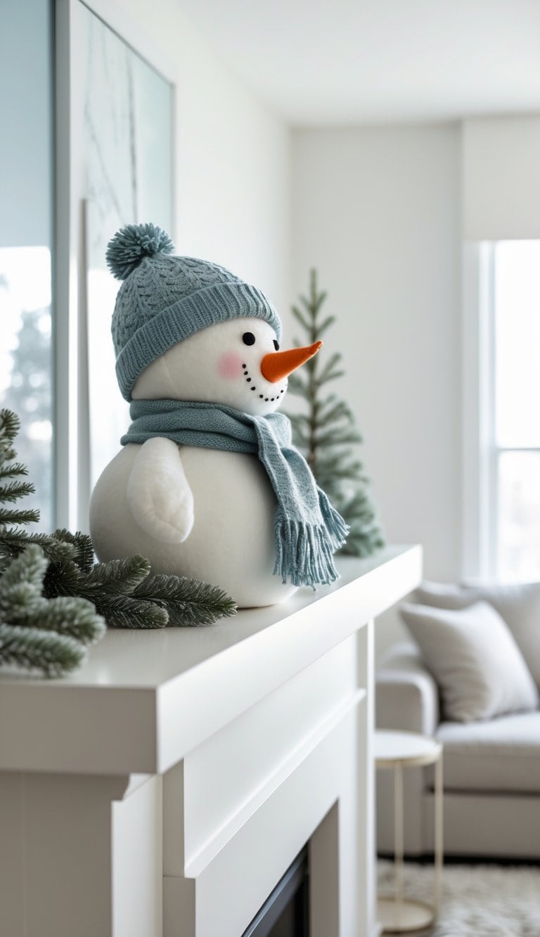 A plush snowman with a blue knit hat and scarf sits on a mantle decorated with evergreen branches in a modern living room.