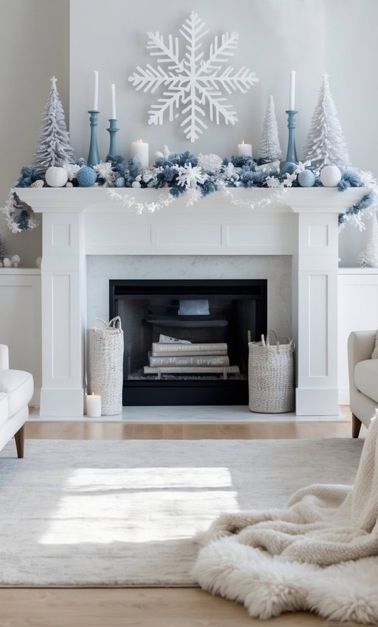 A white fireplace decorated with blue and white Christmas ornaments, including mini trees and candles, featuring a large snowflake on the wall above the mantel, and a cozy rug and blanket in the foreground.