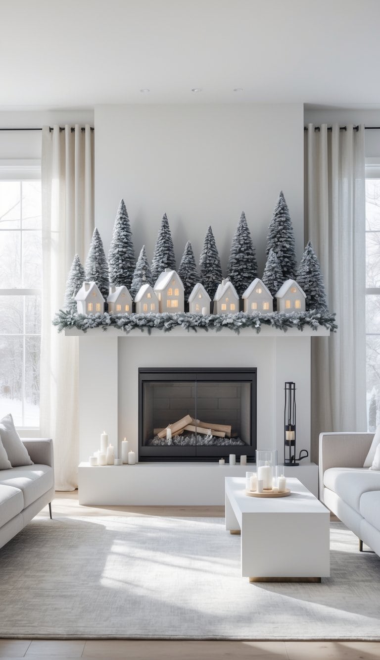 A modern living room features a white fireplace adorned with small, illuminated ceramic houses and frosted pine trees on the mantel. The room has minimalist decor with neutral tones, including a plush area rug, light gray sofas, and a white coffee table. Large windows with sheer curtains allow natural light to fill the space, complementing the serene winter scene outside.