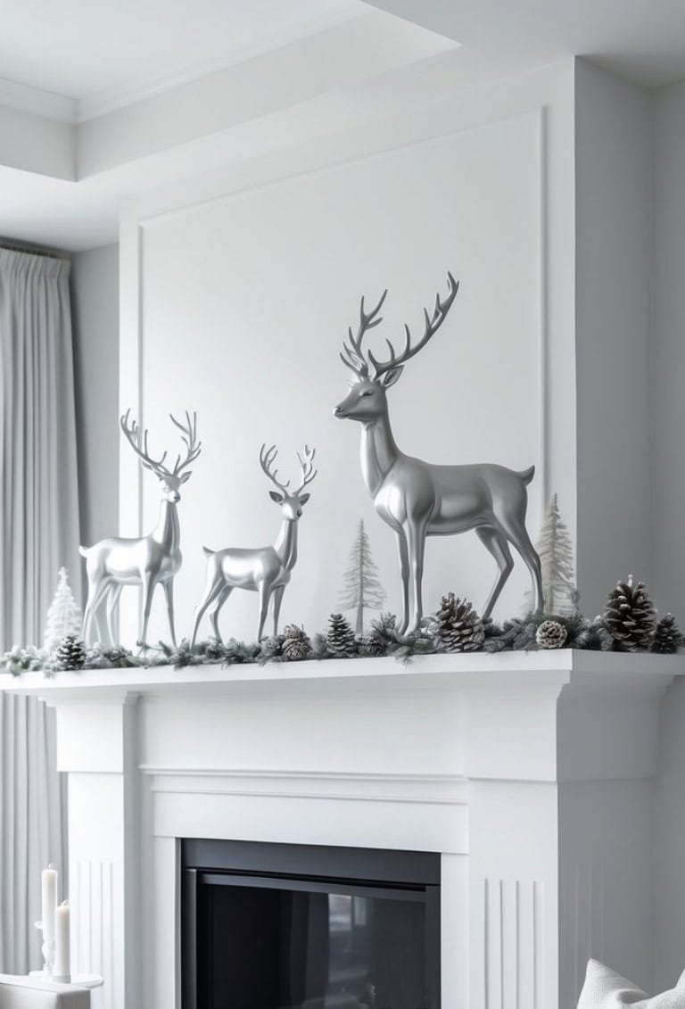 A white fireplace mantel decorated with silver reindeer sculptures and small pine trees, surrounded by pinecones and greenery.