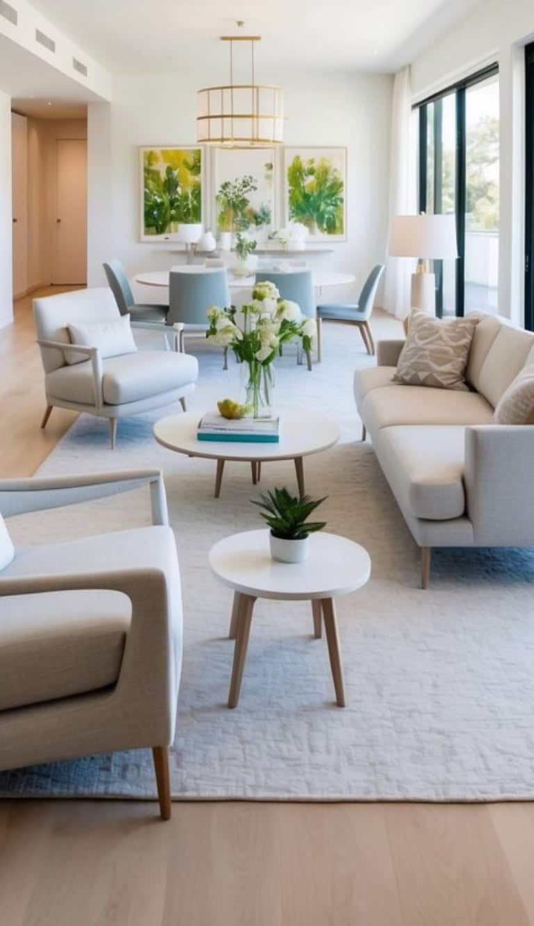 A modern living room with light-colored furniture, including comfortable armchairs, a sofa, and round coffee tables. The space is decorated with green plants and white flowers in a vase. Large windows provide abundant natural light, and colorful plant artwork adorns the walls.