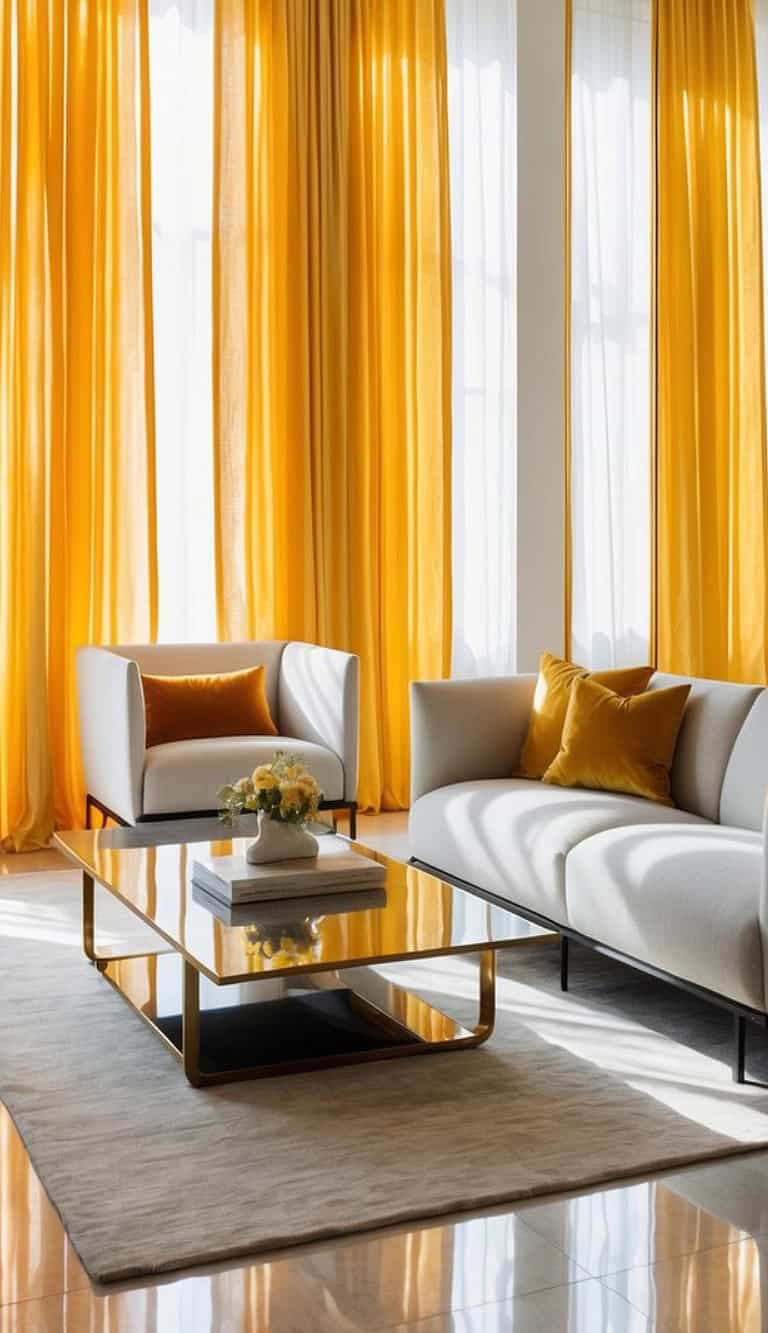 A modern living room with bright yellow curtains, a light gray sofa and armchair with yellow cushions, a glass coffee table with books and a vase of flowers, all set on a beige rug.