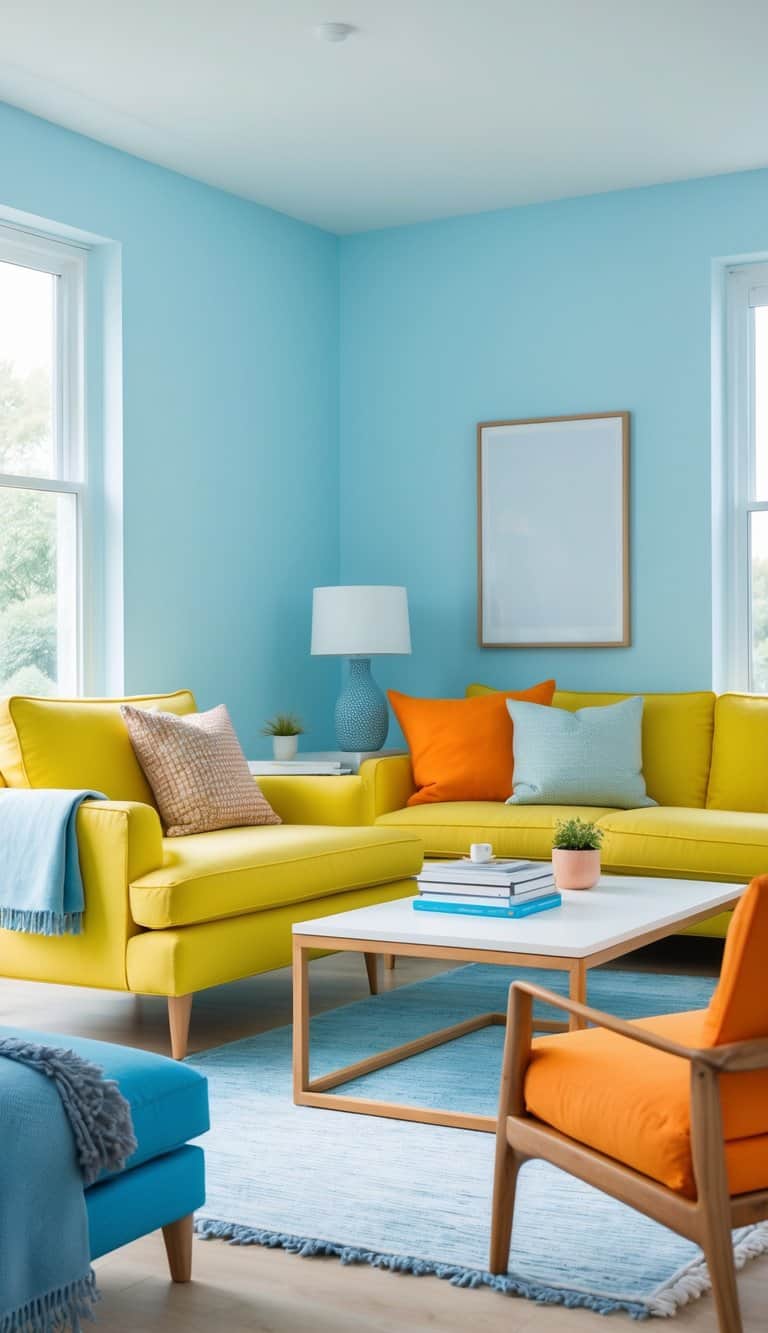 A brightly lit living room featuring a yellow sofa with colorful cushions, a blue lamp on a side table, and an orange armchair. The walls are light blue, and a light blue rug is on the wooden floor beneath a wooden coffee table.