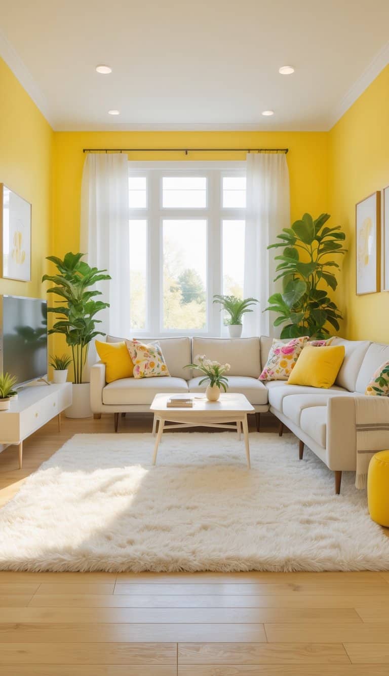 A bright living room with yellow walls, a beige sectional sofa, colorful cushions, and a white shag rug, decorated with potted plants and a modern coffee table.