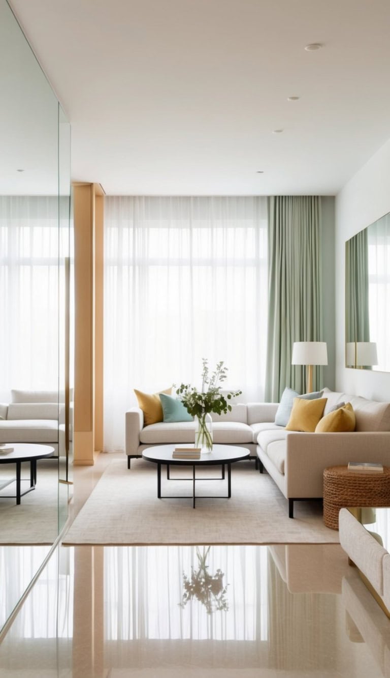 Contemporary living room with a white sectional sofa, colorful cushions, a round coffee table with a vase of flowers, and a floor lamp, set against large windows with sheer curtains and pastel drapes.