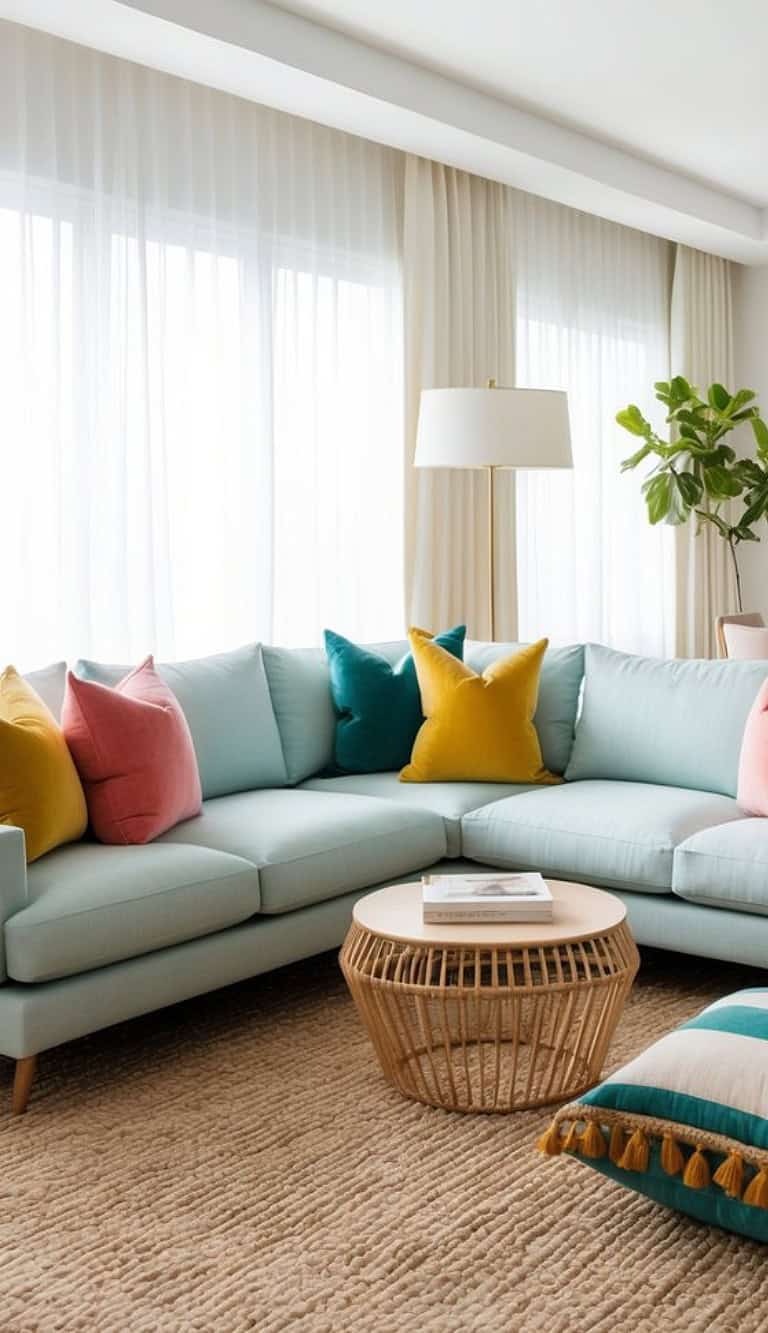A modern living room with a light blue sectional sofa adorned with colorful throw pillows in pink, teal, and mustard yellow. A round wicker coffee table is placed in front of the sofa on a textured beige rug. A tall floor lamp and a potted plant add to the decor near sheer curtains covering large windows.