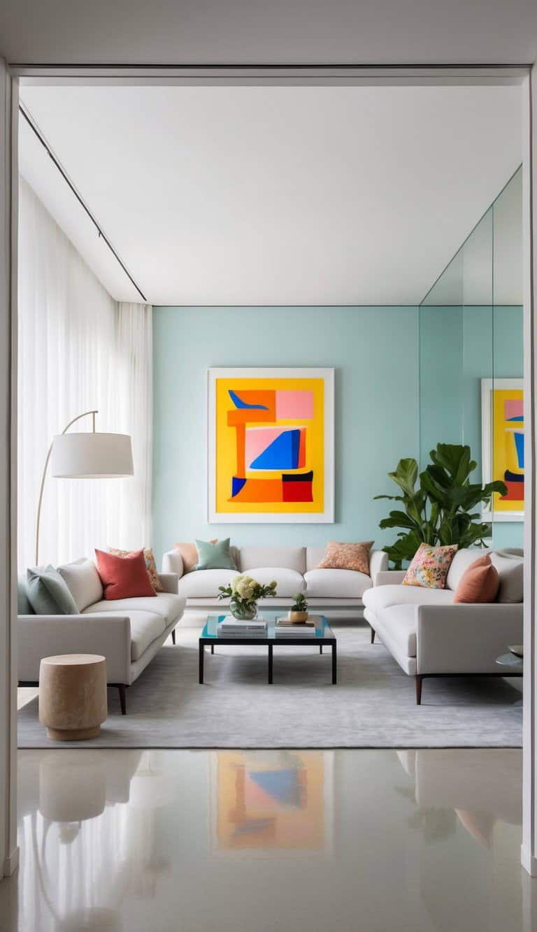A modern living room featuring a light blue wall with a large abstract painting in vibrant colors. The room includes a grey L-shaped sofa adorned with colorful cushions, a glass coffee table with books and plants, a floor lamp, and a large leafy plant in the corner. The room's decor is complemented by sheer white curtains and a reflective floor that mirrors the art piece.