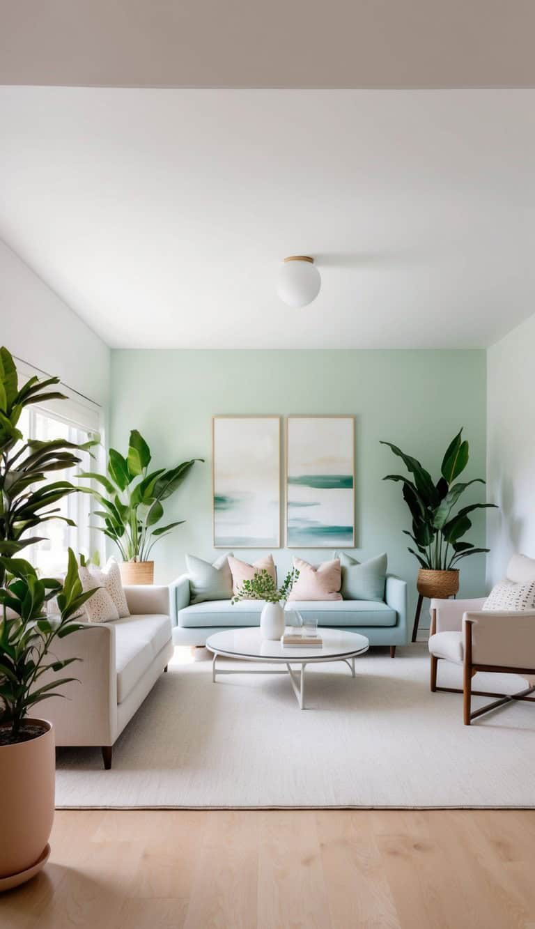 A modern living room with a light green accent wall, featuring a soft blue sofa adorned with pink and green throw pillows. Flanking the sofa are two large indoor plants in pots. A white coffee table sits on a light-colored rug, and the room is brightened by large windows to the left.