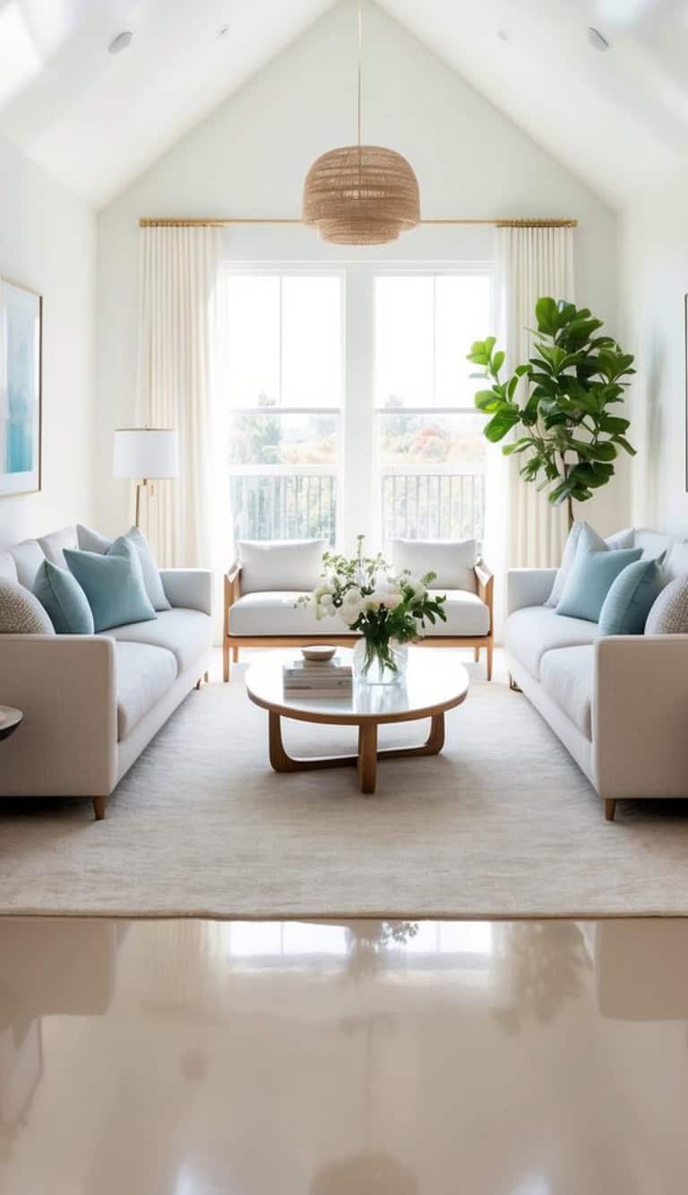 A modern living room with light-colored sofas and blue cushions, a round wooden coffee table with flowers, a large window with sheer curtains, and a potted plant in the corner. The room features a high ceiling with a woven pendant light.