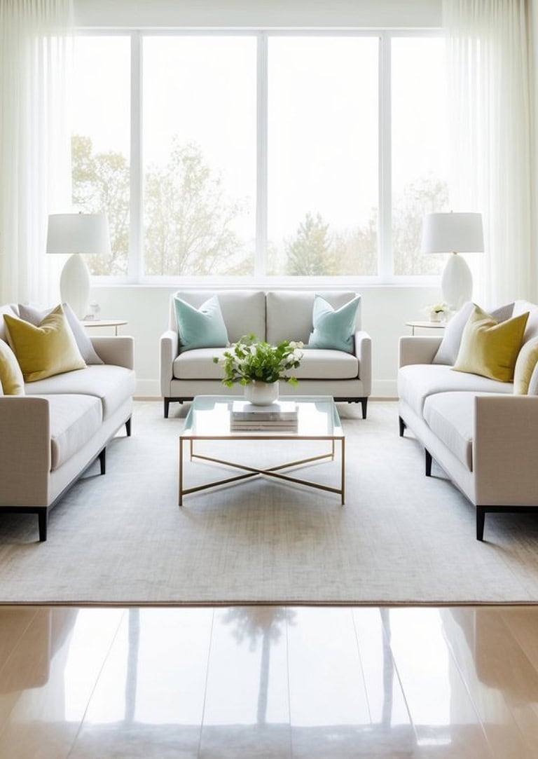 A modern living room with two beige sofas facing each other, decorated with colorful throw pillows. A glass coffee table is positioned between them, and a vase of green flowers sits on top. The room features large windows with sheer curtains, allowing natural light to flood the space. Two white lamps are placed on side tables beside the sofas, and a light gray rug covers the floor.
