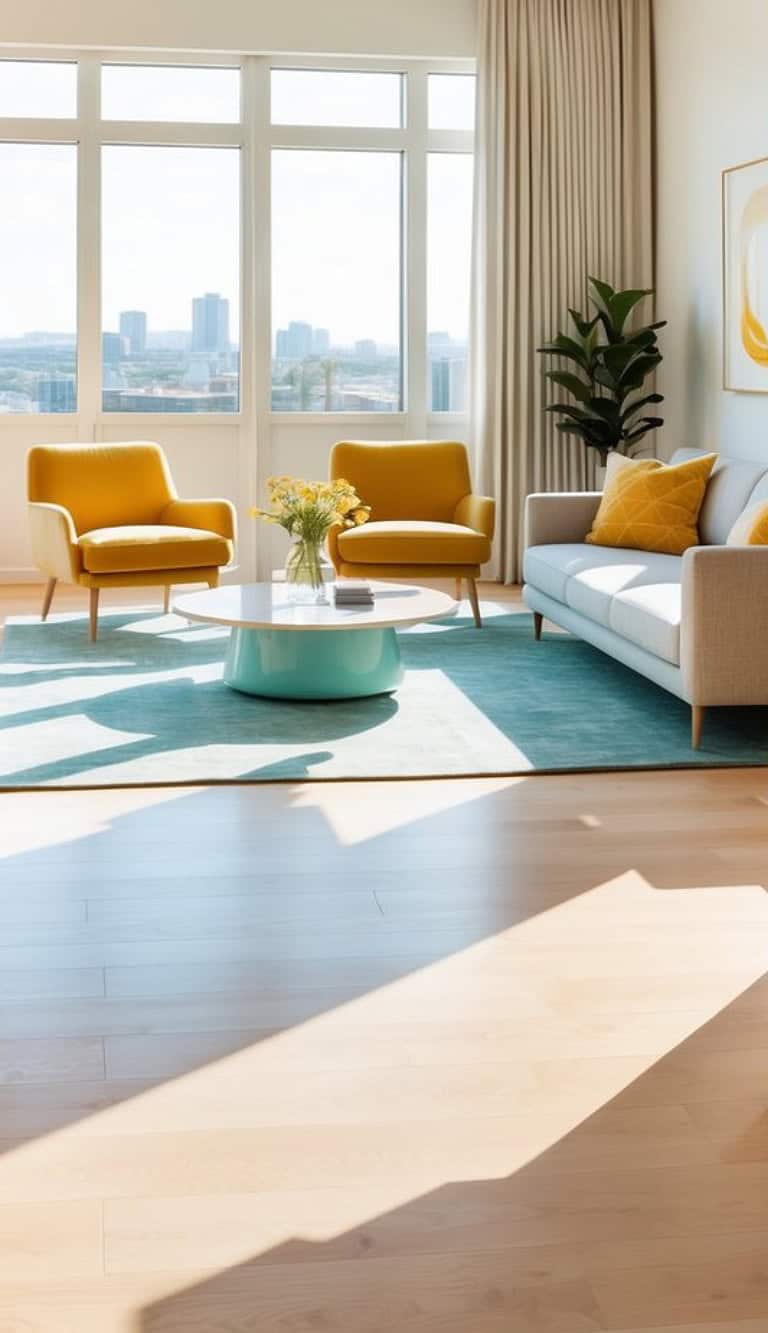 A modern living room with large windows showing a cityscape, featuring two yellow armchairs, a grey sofa with yellow cushions, a round coffee table, and a teal rug. A potted plant and a vase of flowers add a touch of greenery.