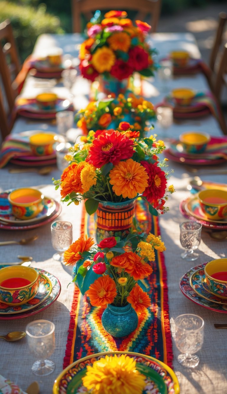 A table set for a meal is adorned with vibrant arrangements of orange, red, and yellow flowers in colorful vases, along with intricately patterned plates, cups, and glasses, all placed on a multicolored woven table runner.