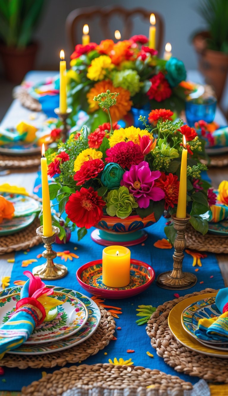 A vibrant table setting featuring a centerpiece of colorful flowers including red, yellow, pink, and green blooms. The table is adorned with blue fabric, decorative plates, woven placemats, and yellow candles in brass holders, creating a festive and lively atmosphere.