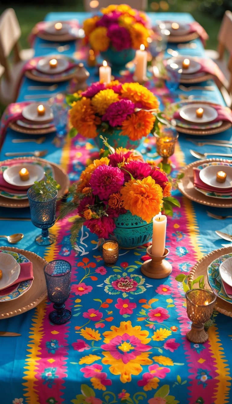 A colorful outdoor dining table set with a vibrant, floral-patterned blue tablecloth. The table features large floral centerpieces with bright yellow and pink flowers, surrounded by candles and eclectic dishware. The table settings include blue glasses, patterned plates, and gold flatware, creating a festive and inviting atmosphere.