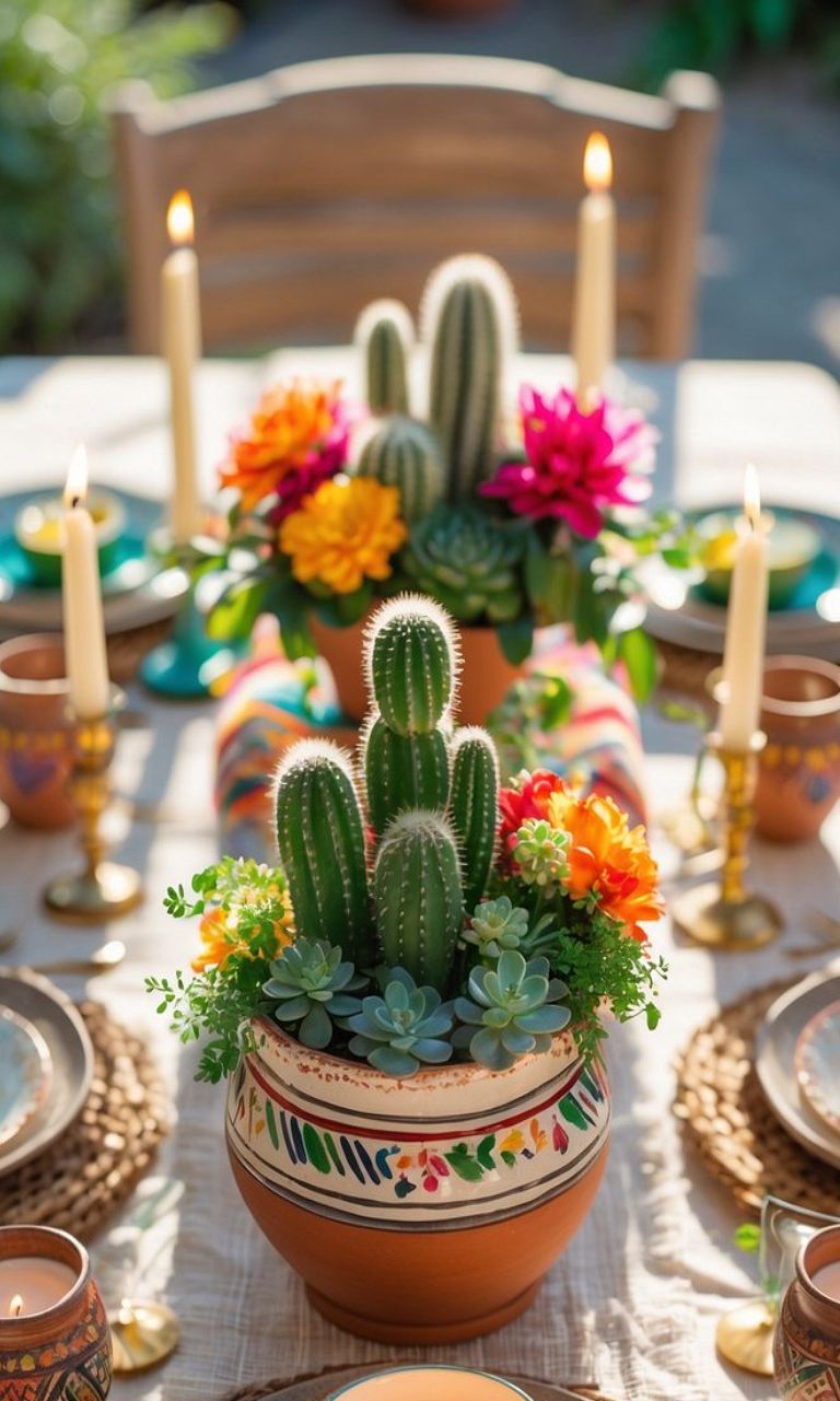 A colorful table setting featuring a vibrant centerpiece with cacti, succulents, and bright flowers in a decorated terracotta pot. The table is adorned with lit candles and arranged with decorative plates and cups, creating a festive atmosphere.