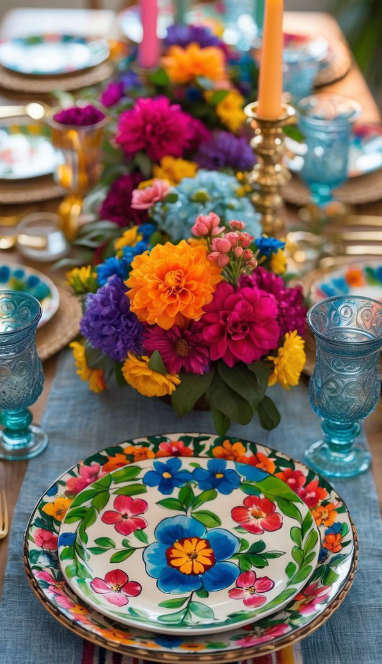 A vibrant table setting with floral-patterned plates and colorful flower arrangements, featuring orange, pink, yellow, and blue blooms. The setting includes blue glassware and tall candles, enhancing the festive atmosphere.