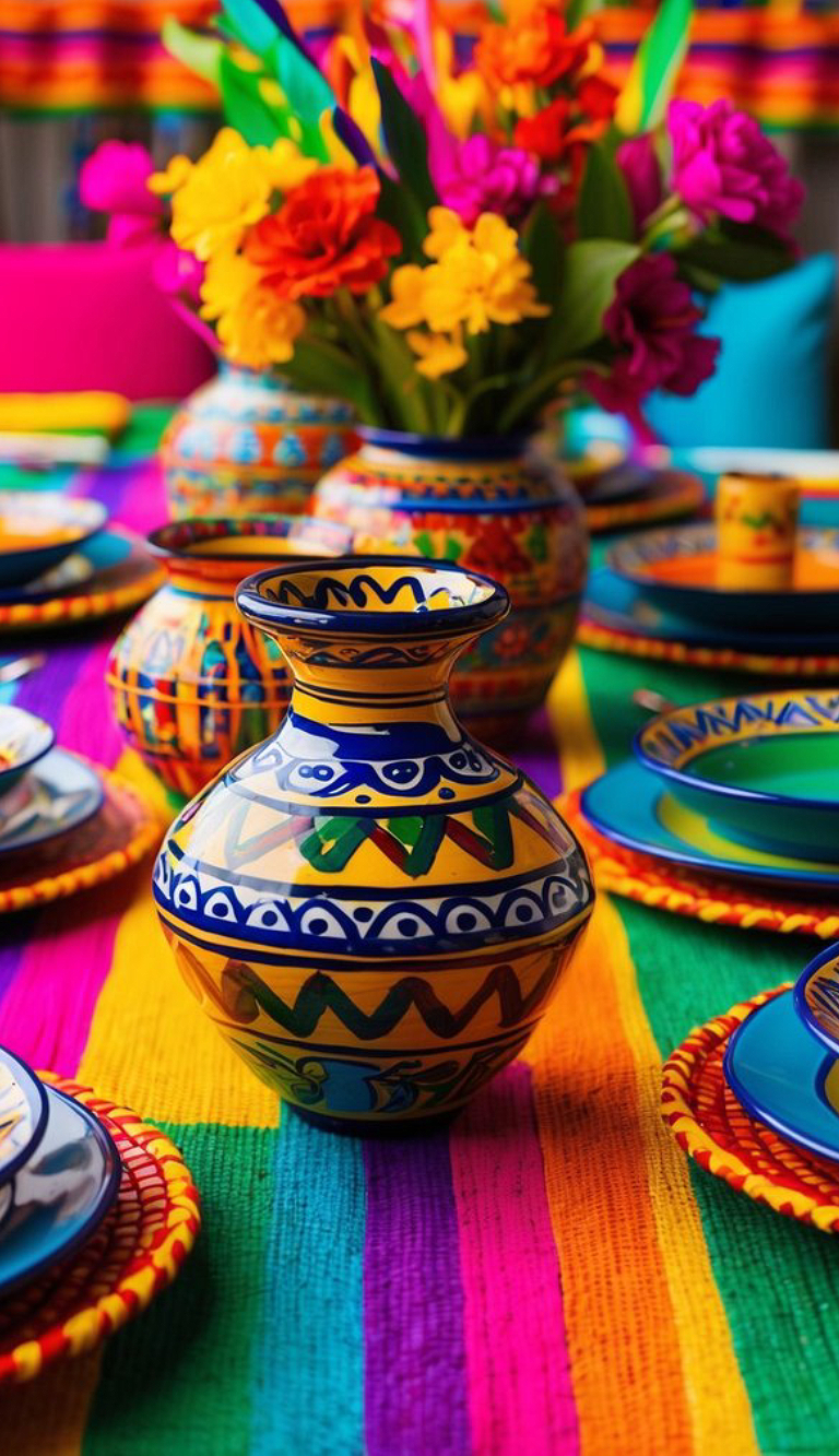 A colorful table setting featuring vibrant Mexican-style pottery, including a decorative vase with a zigzag and dot pattern, surrounded by plates and bowls on a multicolored striped tablecloth. Bright flowers in various shades add to the festive appearance.
