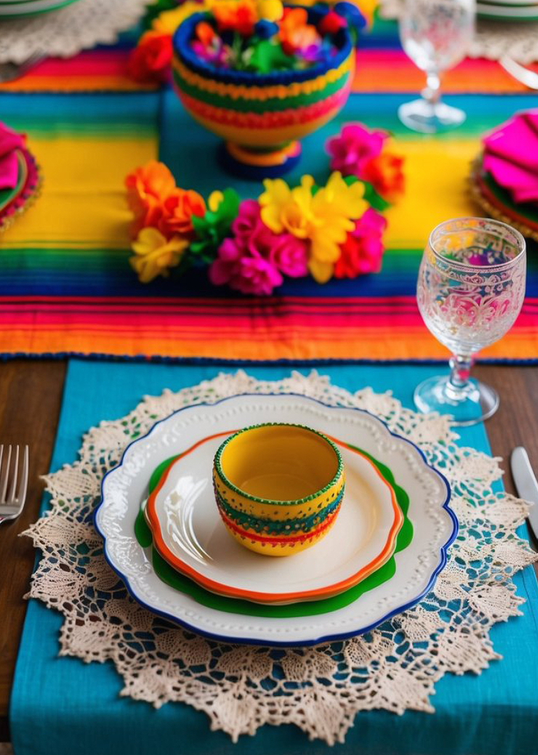 A colorful table setting featuring a stack of vibrant plates with a yellow bowl on top, surrounded by a crochet placemat. The tablecloth features a bright striped pattern with floral decorations, and there are clear patterned glasses beside the setting.