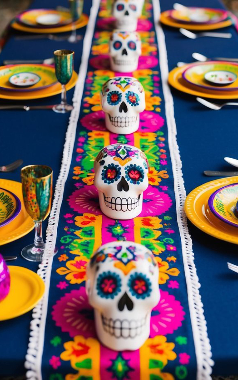 Colorful table setting with sugar skull decorations and vibrant plates on a blue tablecloth, featuring a floral patterned table runner.