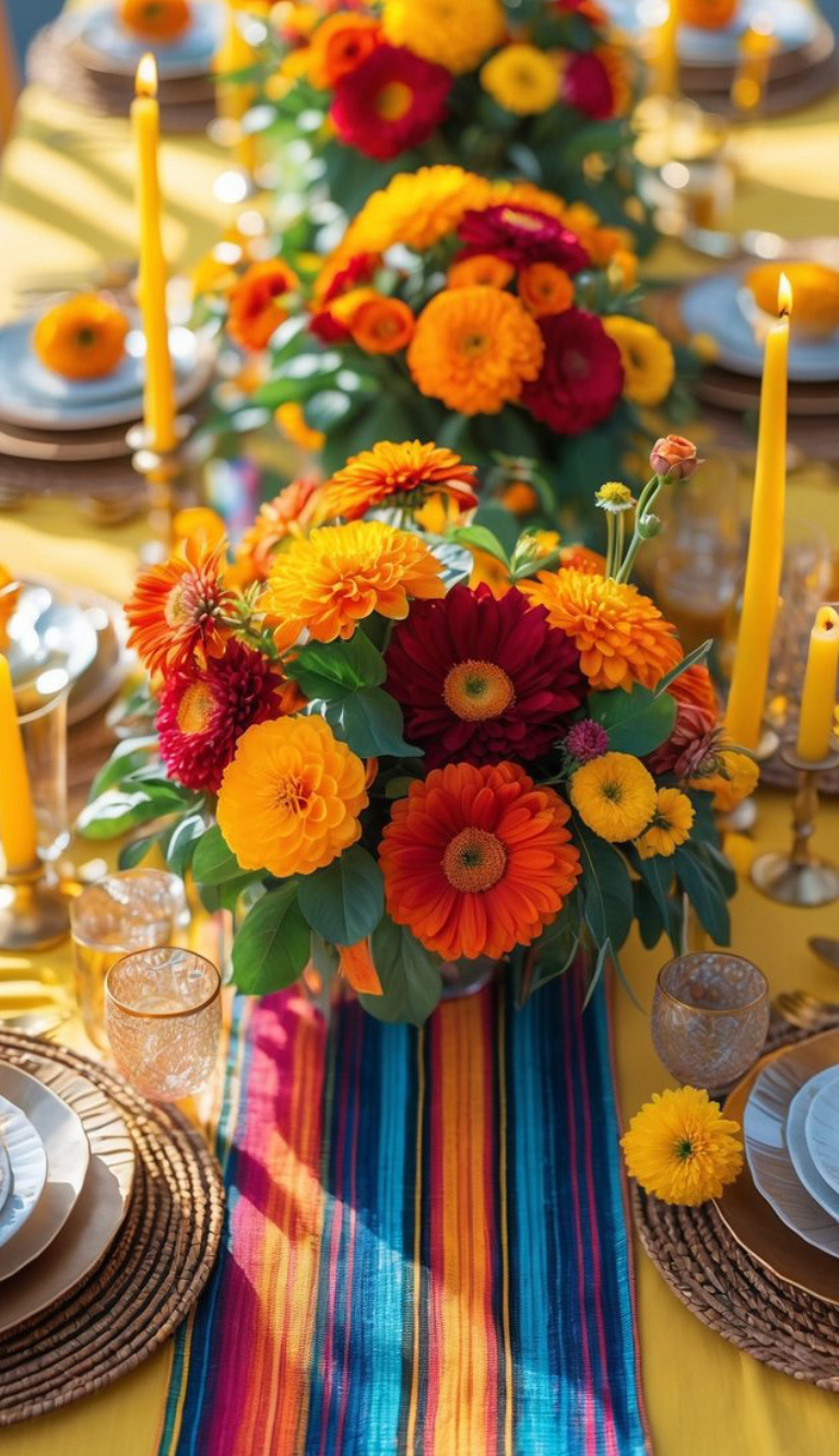 A colorful table setting features a vibrant floral centerpiece with orange, red, and yellow flowers, surrounded by yellow candles. The table is decorated with a striped runner in shades of blue, red, and yellow, set against a bright yellow tablecloth. The place settings include woven placemats, stacked plates, and clear glasses.
