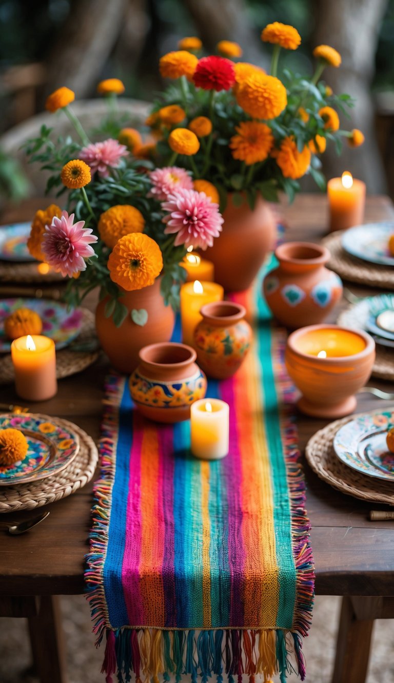 A festive table setting with a colorful woven table runner, bright orange marigolds, and pink flowers in terracotta vases, accompanied by lit candles and painted earthenware bowls.