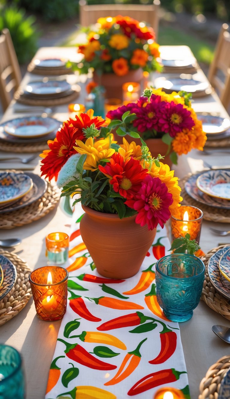 A beautifully set outdoor table featuring a vibrant floral centerpiece with red, yellow, and orange flowers in terracotta pots. The table is adorned with colorful dishware, woven placemats, and a table runner decorated with pepper illustrations. Lit candles in orange and blue glass holders add a warm ambiance to the setting.