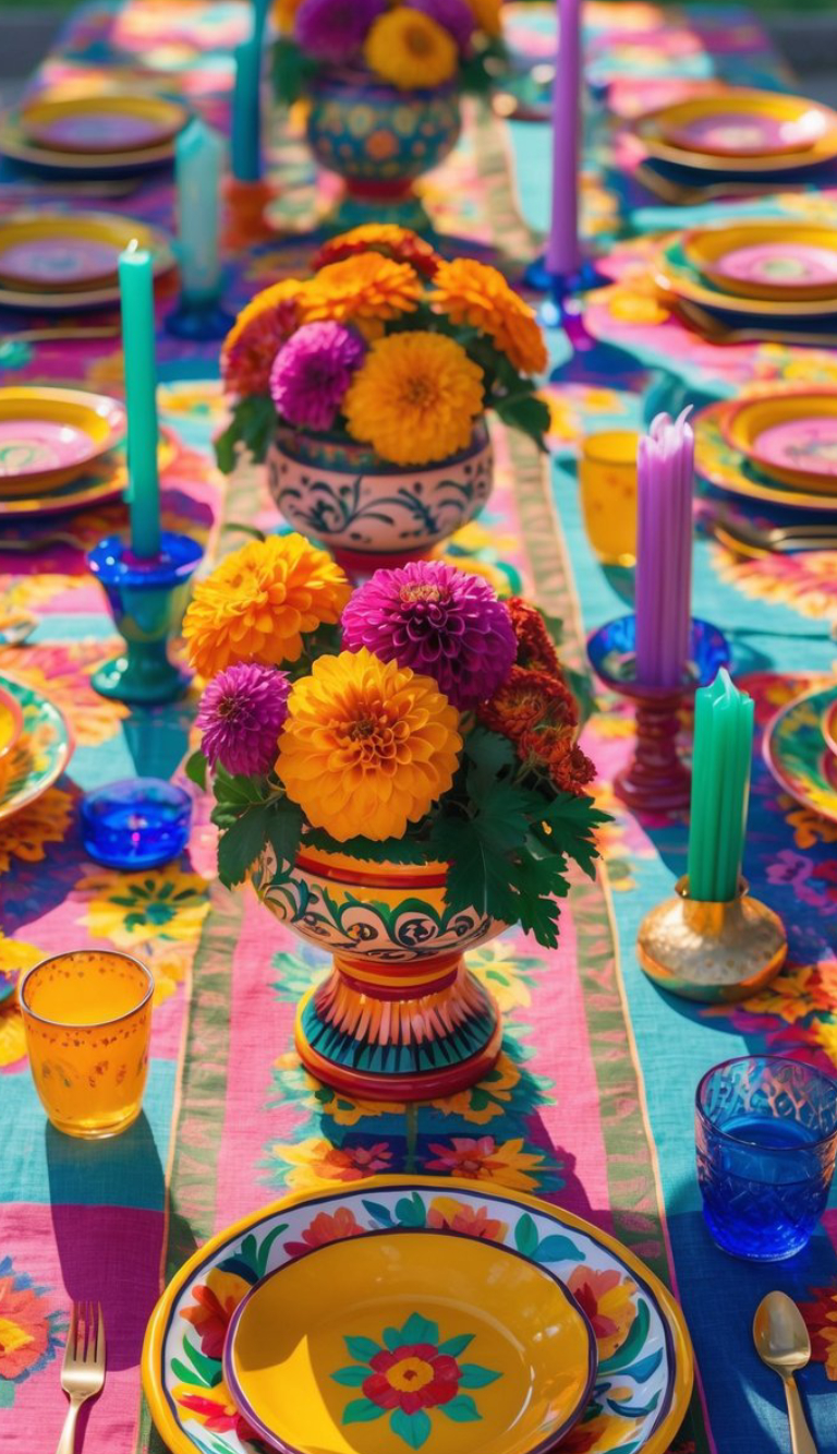 A vibrant table setting with colorful plates, candles, and vases filled with bright orange and purple flowers. The tablecloth features a bold, multicolored floral design, enhancing the festive atmosphere.