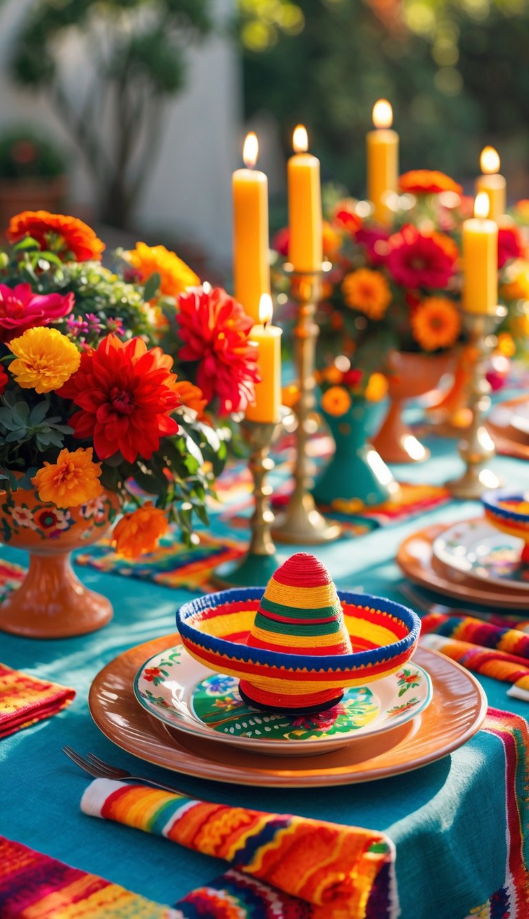 A festive table setting featuring vibrant floral arrangements and colorful candles. Plates are decorated with small, colorful sombreros, and bright table linens create a lively atmosphere.