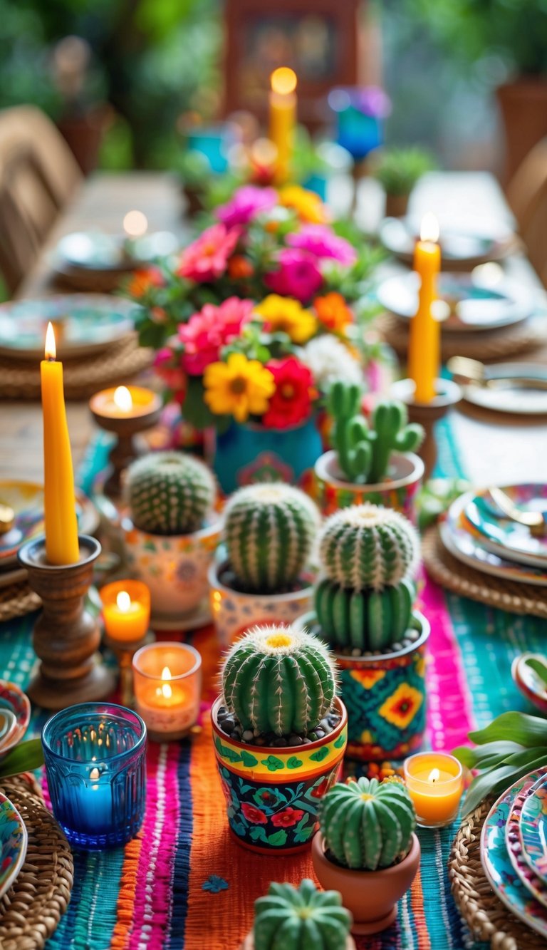 A vibrant table setting featuring colorful cacti in decorative pots, surrounded by bright flowers, candles, and woven tableware on a multicolored striped table runner.