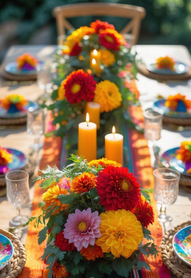 A festive outdoor table setting featuring vibrant floral arrangements with red, yellow, and orange flowers, surrounded by orange candles and colorful plates with woven chargers.
