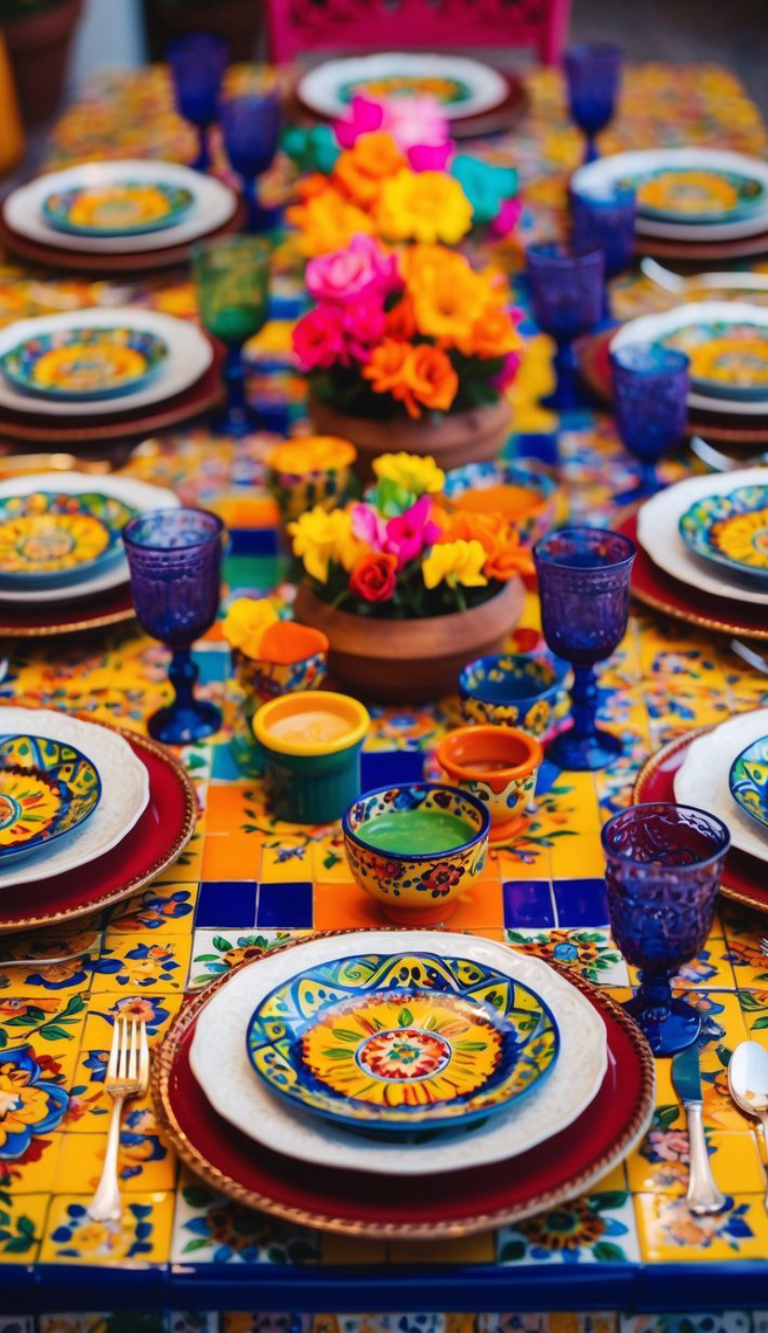 A vibrantly set table with colorful Mexican-style ceramic plates, bowls, and glasses on a bright tiled surface. The centerpiece features vivid pink, orange, and yellow flowers. Each place setting includes a multicolored plate, red underplate, and blue glassware.