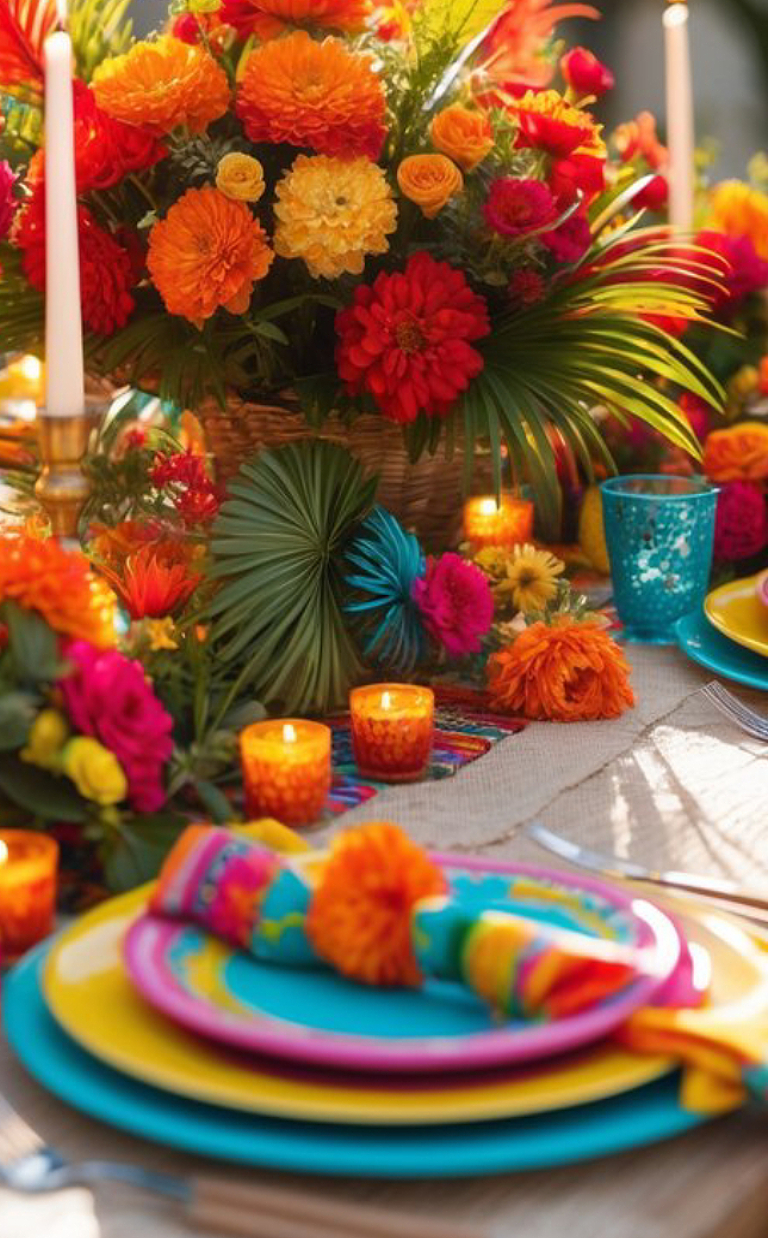 A vibrant table setting featuring colorful plates and napkins, surrounded by bright floral arrangements in orange, red, and yellow hues. Several small orange candles add a warm glow to the setting.