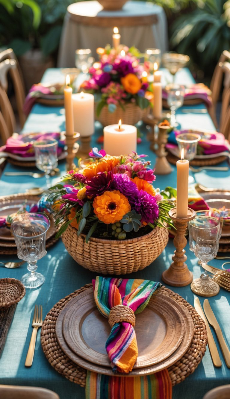 A beautifully set table with vibrant, colorful flowers in woven baskets as centerpieces, surrounded by lit candles on blue tablecloths. Each place setting includes a wooden plate, a striped colorful napkin, and gold utensils.