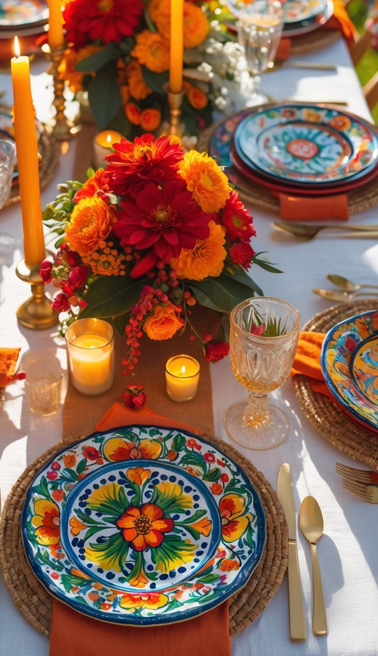A vibrant dinner table setting featuring colorful floral-patterned plates, orange napkins, gold cutlery, and amber glassware. The table is decorated with red and orange flowers, yellow candles in brass holders, and lit votives, creating a warm and festive atmosphere.