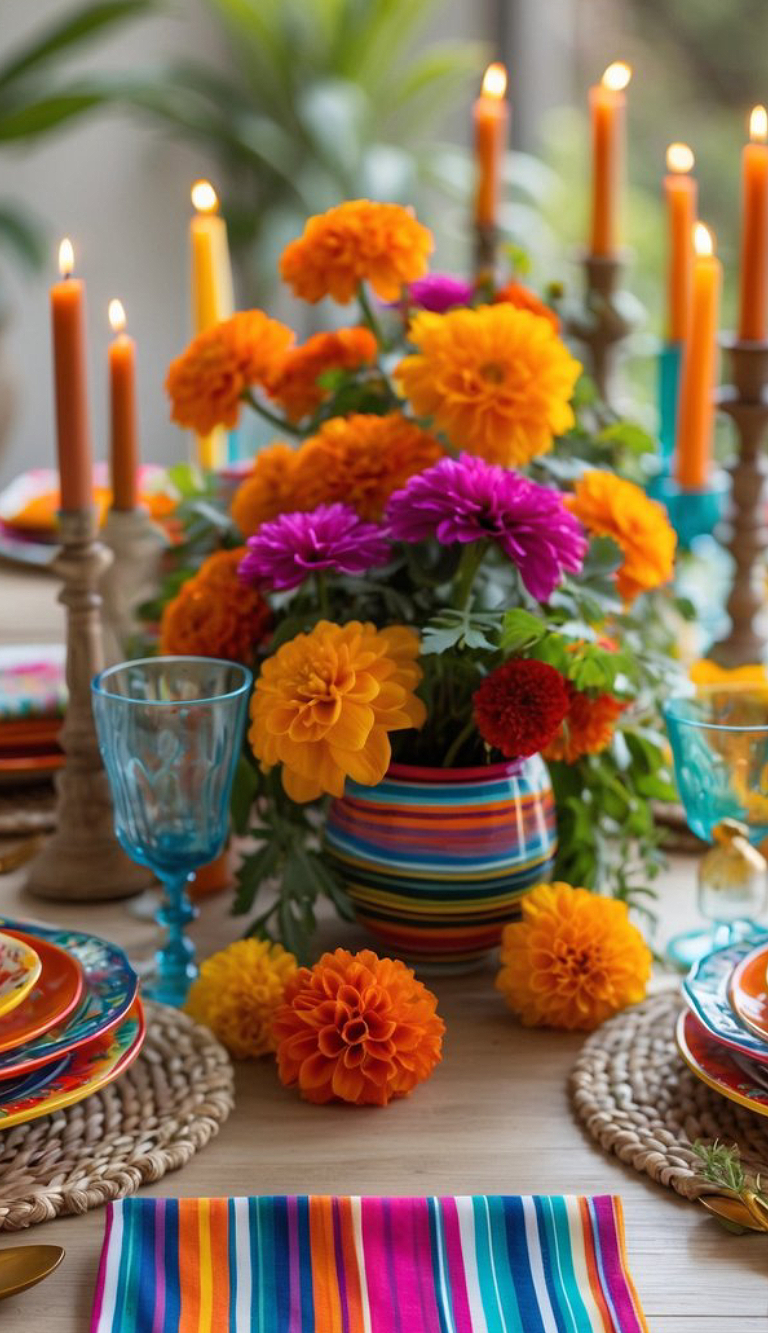 A colorful table setting with a striped vase filled with orange and pink flowers, surrounded by lit orange candles and turquoise glasses. The table features woven placemats, vibrant striped napkins, and stacked, multicolored plates.