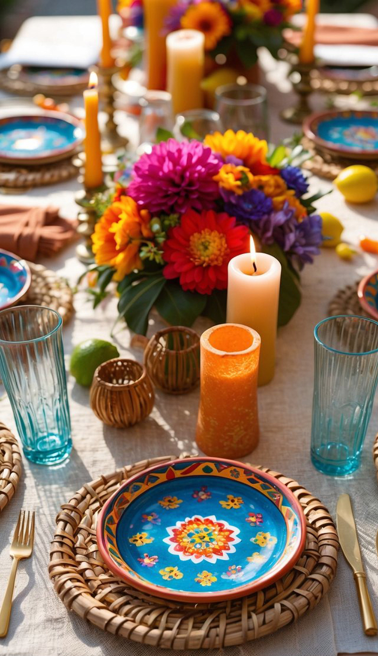 A festive table setting featuring colorful plates with floral designs, surrounded by wicker chargers, orange candles, vibrant flower arrangements, and turquoise glasses.