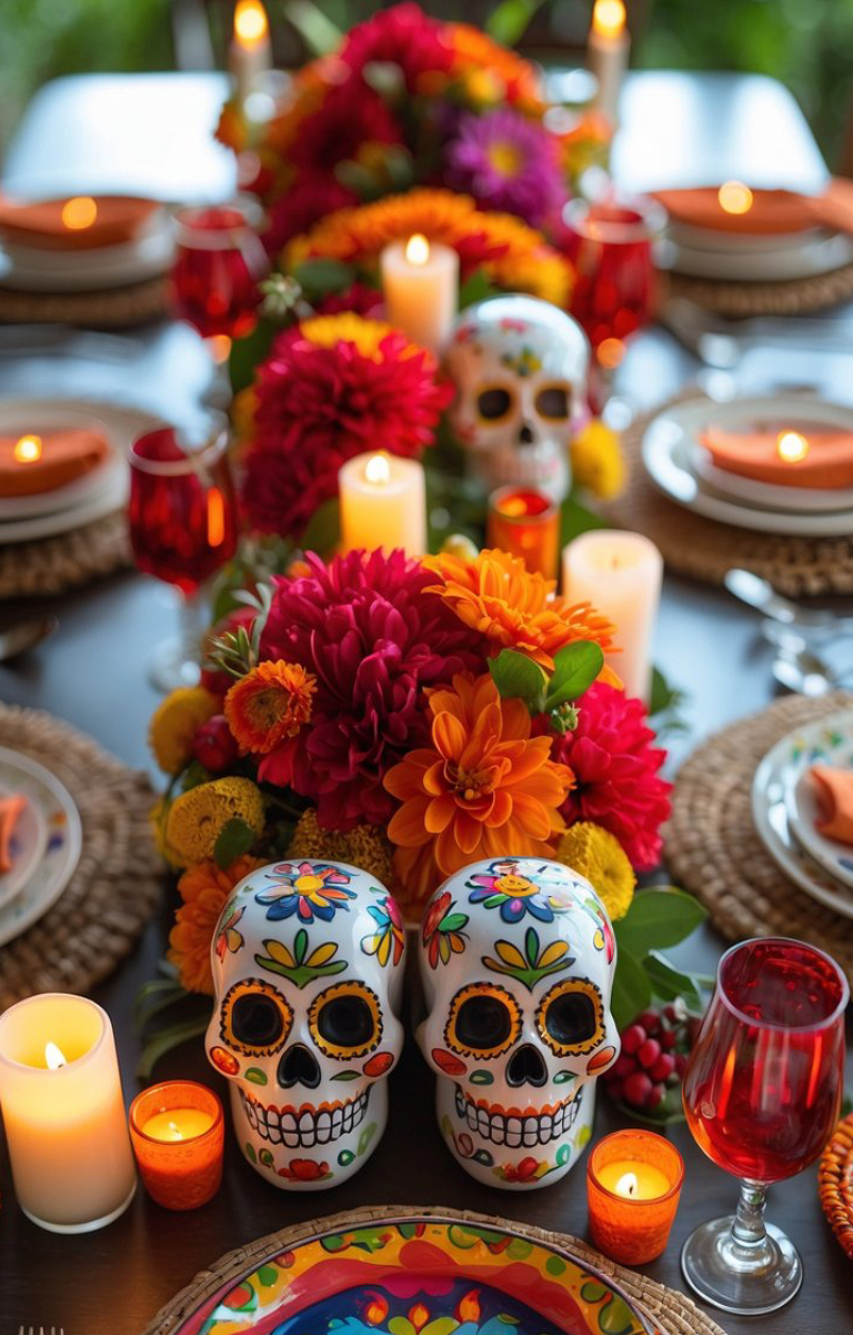 A festive table setting featuring two painted sugar skull decorations with colorful floral designs, surrounded by vibrant flowers, lit candles, and red glassware, creating a vibrant and celebratory atmosphere.