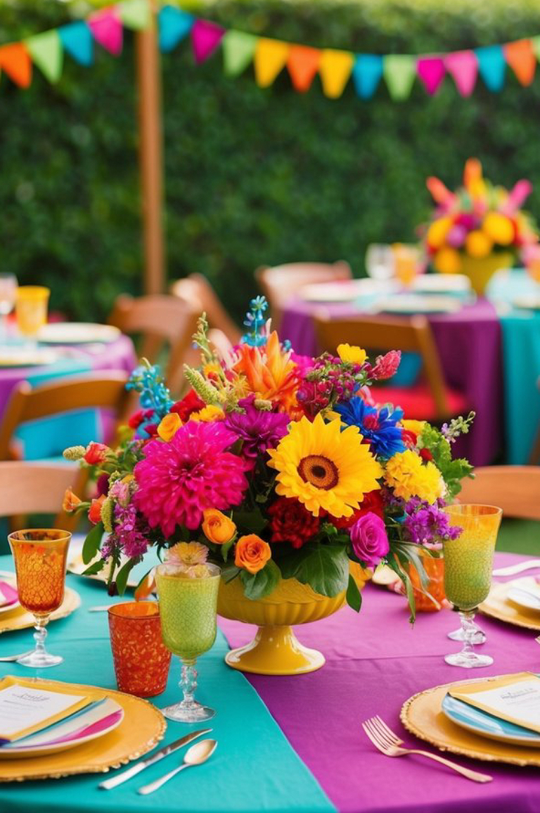 A vibrant outdoor table setting with a centerpiece featuring colorful flowers including sunflowers, dahlias, and roses in a yellow vase. The table is covered with a split turquoise and purple tablecloth, surrounded by colorful glassware and plates. In the background, there are more decorated tables and multicolored pennant banners.
