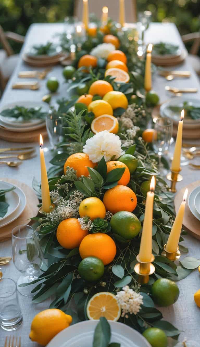 A beautifully set table decorated with a centerpiece of fresh green leaves and assorted citrus fruits, including oranges, lemons, and limes, interspersed with white flowers and surrounded by yellow taper candles in gold holders.