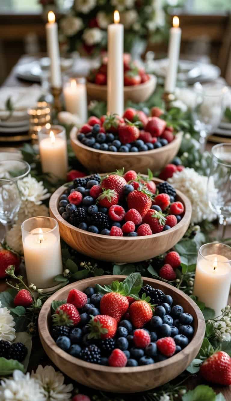 Wooden bowls filled with fresh strawberries, raspberries, blueberries, and blackberries are arranged on a beautifully set table adorned with lit candles and decorative greenery.
